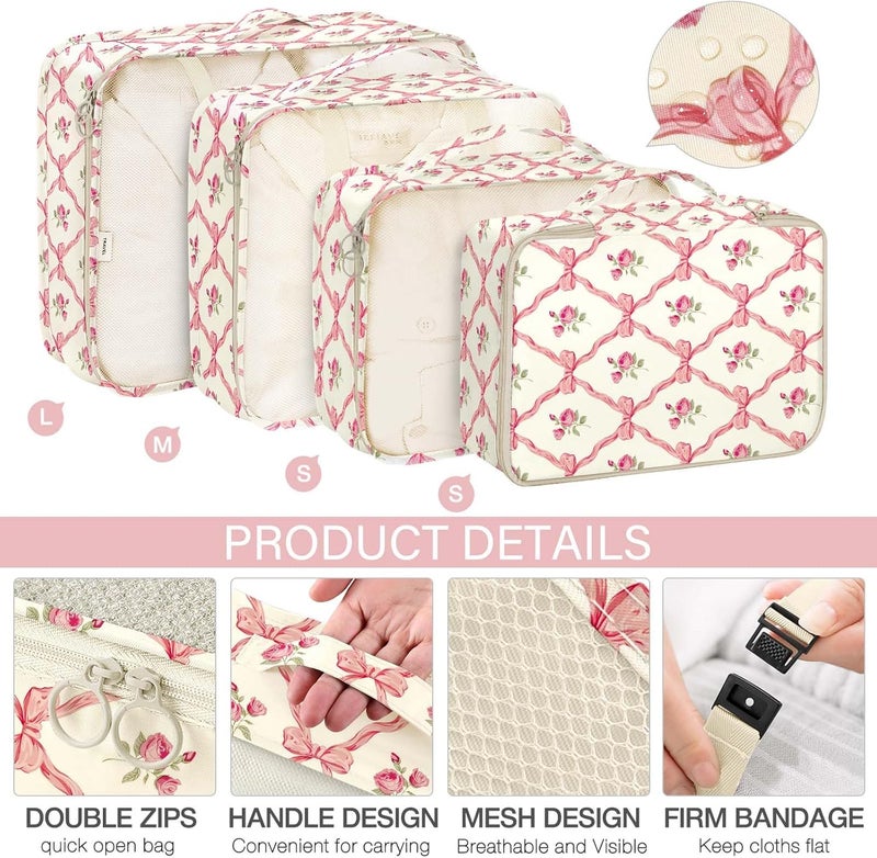 KPX 8 Set Packing Cubes for Travel, Luggage Packing Organizers Accessories Large Toiletries Bag for Clothes Shoes Cosmetics (8Set-Flower & Bow) - Image 3